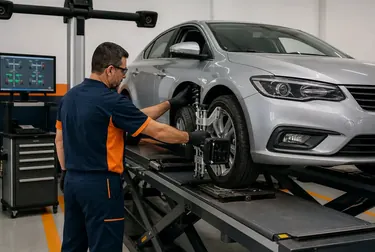 Carro na máquina de alinhamento de rodas em uma borracharia.
