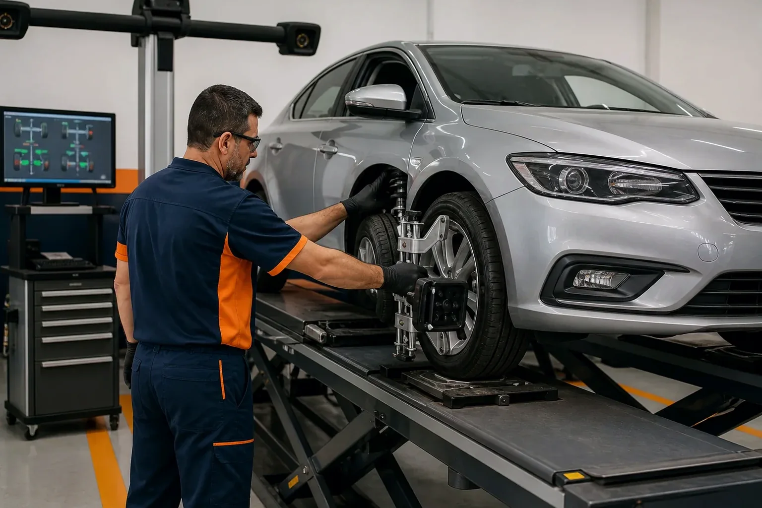Carro na máquina de alinhamento de rodas em uma borracharia.