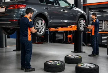 Mecânico fazendo rodízio de pneus em um carro.