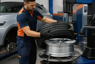 Mecânico realizando a troca de pneus em um carro de client.