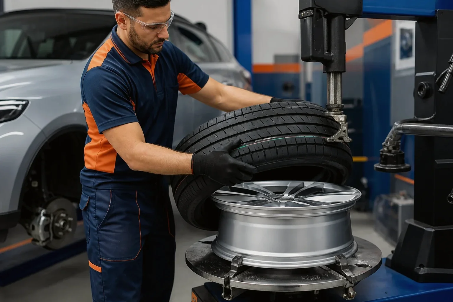 Mecânico realizando a troca de pneus em um carro de client.