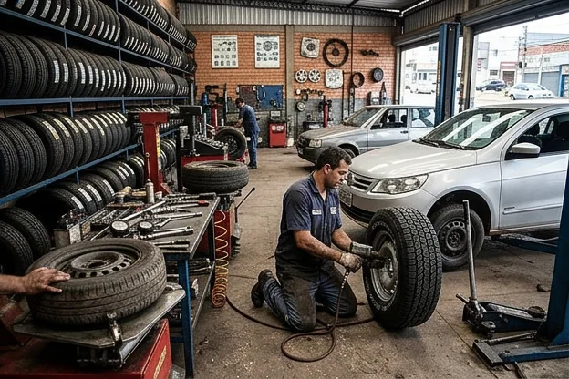 Pneus de carro bem cuidados em uma borracharia.