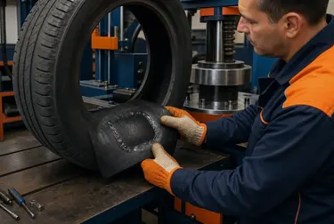Profissional vulcanizando um pneu de carro em uma borracharia.